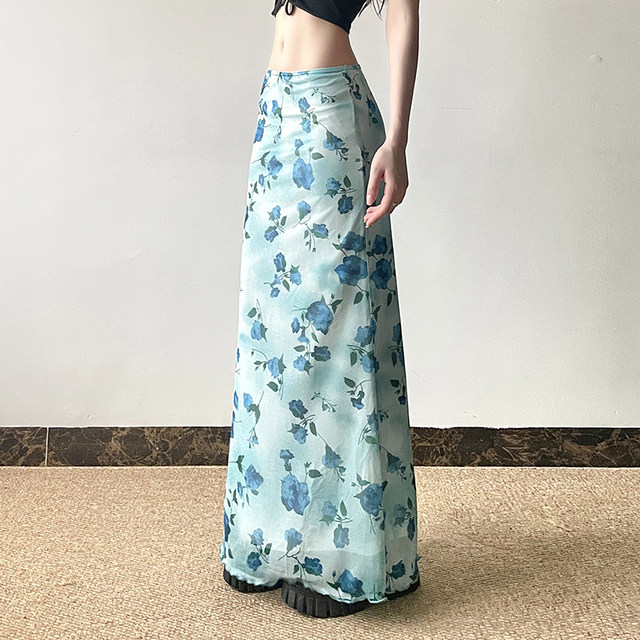 eilove French retro temperament mesh straight long skirt women's vacation style blue rose printed slim skirt