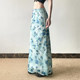 eilove French retro temperament mesh straight long skirt women's vacation style blue rose printed slim skirt