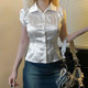 IUAE fashionable pearl white French polka dot satin short-sleeved shirt for women polo collar and waist-tightening cardigan