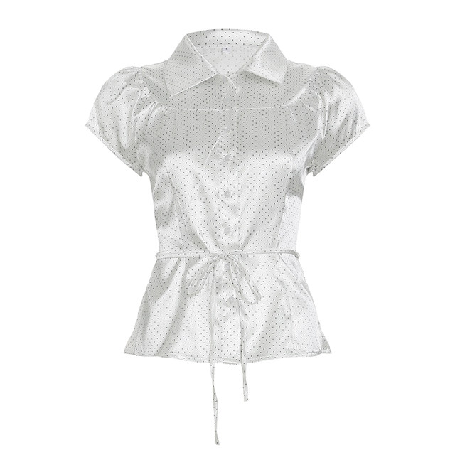 IUAE fashionable pearl white French polka dot satin short-sleeved shirt for women polo collar and waist-tightening cardigan