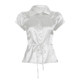 IUAE fashionable pearl white French polka dot satin short-sleeved shirt for women polo collar and waist-tightening cardigan