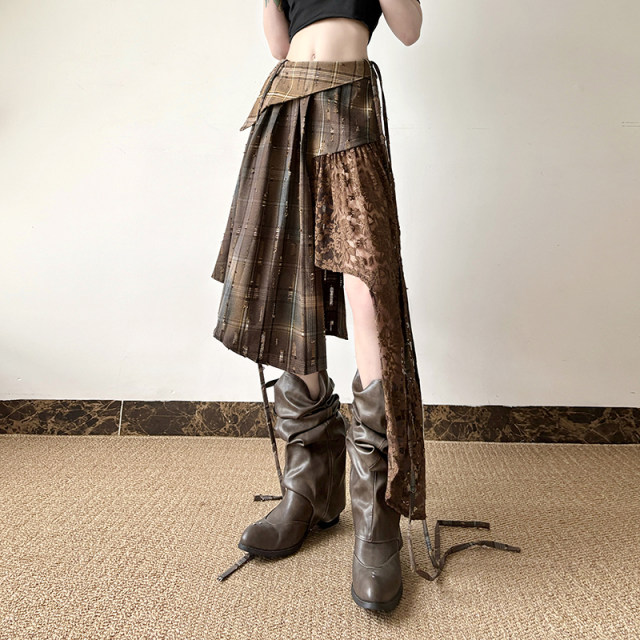IUAE stray hippie light asymmetrical design skirt for women niche splicing retro midi skirt
