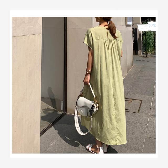 European and American style fashion summer large-size women's short-sleeved V-neck loose dress simple waist solid color long skirt trendy