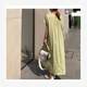 European and American style fashion summer large-size women's short-sleeved V-neck loose dress simple waist solid color long skirt trendy