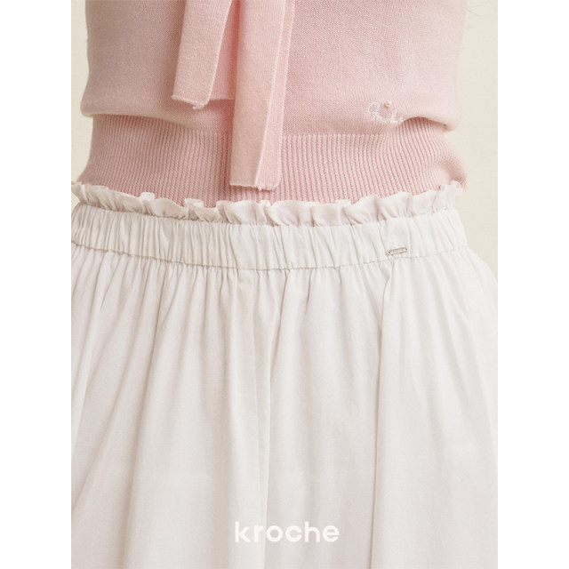 Kroche 25ss long cotton French embroidered lace spliced ​​high waist A-line skirt
