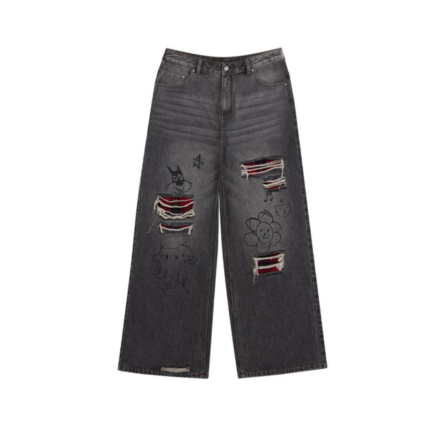 William Chan CANOTWAIT patch embroidered washed ripped denim trousers pure cotton loose and versatile for men and women