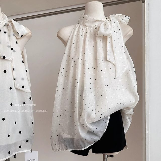 Polka dot bow tie halter sleeveless vest for women summer high-end temperament loose slim chiffon shirt top