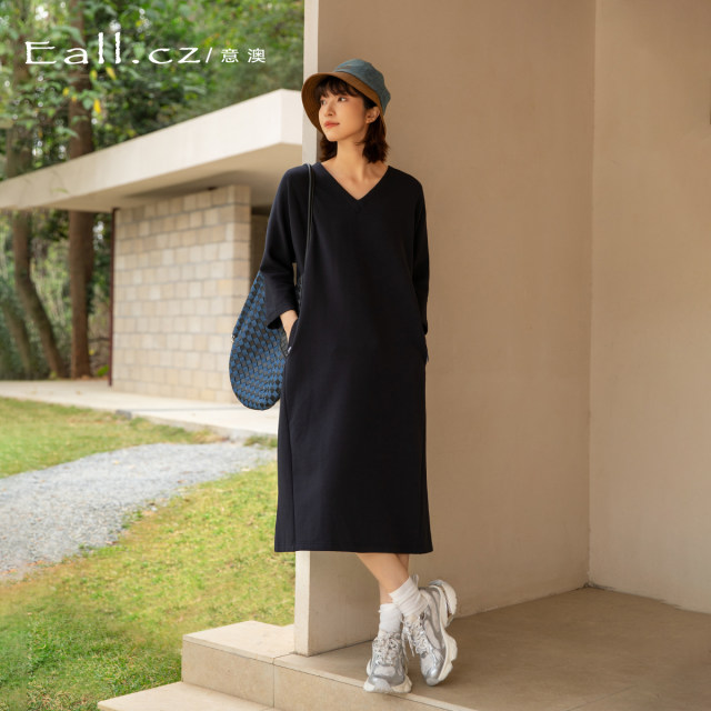 Yiao Spring 2025 new pure cotton loose casual slim large size over-knee slit long skirt base dress
