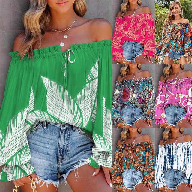 European and American vacation -style top spring and summer women's sexy shoulder -shaped collar shirts lace -up printed long -sleeved shirt
