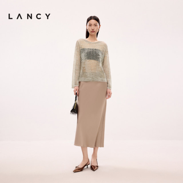 LANCY/Langzi 2025 summer new elegant hollow long-sleeved shirt perspective linen knit high-end top for women