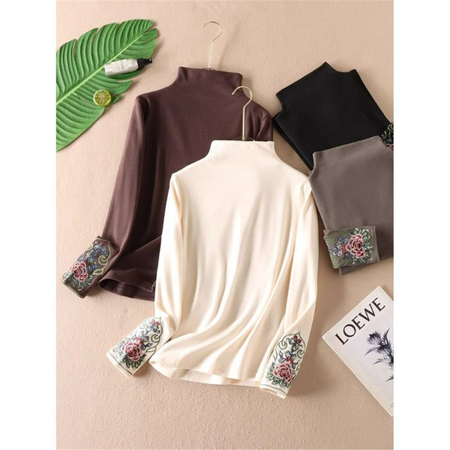 Half turtleneck double-sided German velvet bottoming shirt for women in autumn and winter new style Chinese style embroidery thickened warm top mother's wear