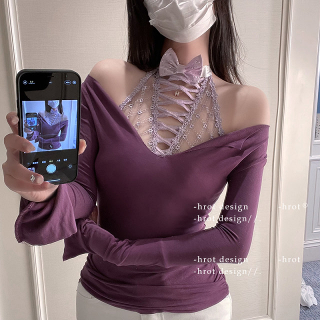 Fantasy purple rhyme* French halter neck beauty back adjustment bra pure sexy top lace gathered vest underwear