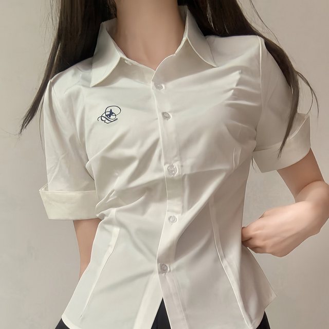 Mountain tea and book original JK college wind embroidery shirt summer slimming, thin waist, wild white blue short sleeve top
