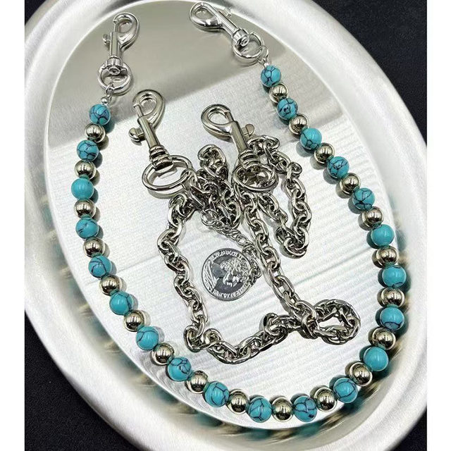 Men's and women's punk hip-hop pants chain accessories blue background black pattern hand-beaded jeans hanging accessories retro street niche trend