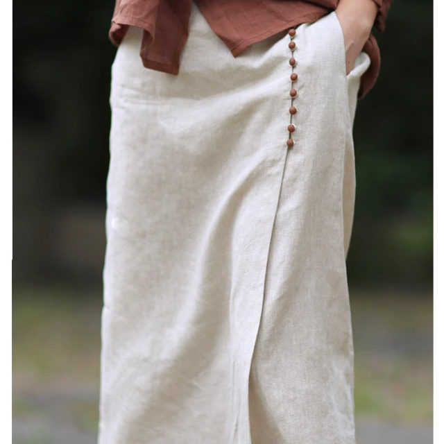 Solid color mid-length original hemp color literary irregular splicing skirt linen commuter slit A-line skirt summer