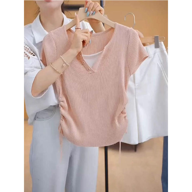 Pink ice silk knitted sweater short-sleeved T-shirt for women's summer large size slightly fat pleated waist-hugging fake two-piece tops
