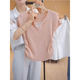 Pink ice silk knitted sweater short-sleeved T-shirt for women's summer large size slightly fat pleated waist-hugging fake two-piece tops