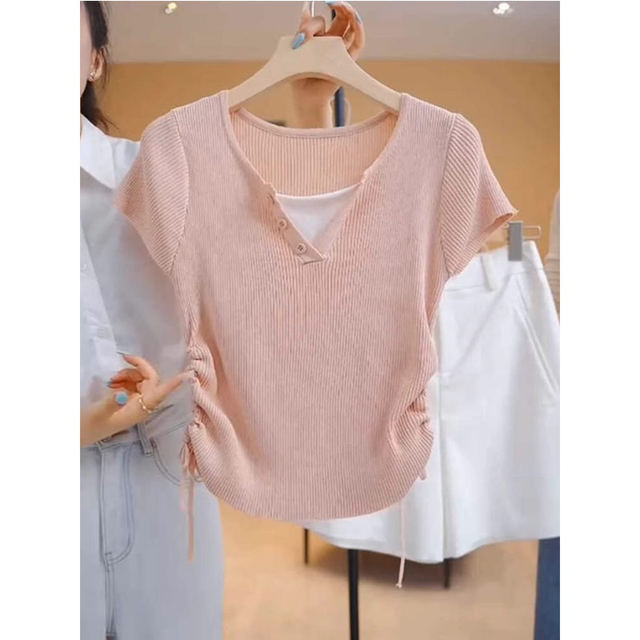 Pink ice silk knitted sweater short-sleeved T-shirt for women's summer large size slightly fat pleated waist-hugging fake two-piece tops