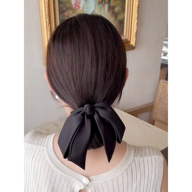 Low round head black satin bow hairpin for women summer spring clip on the back of the head ponytail clip headwear