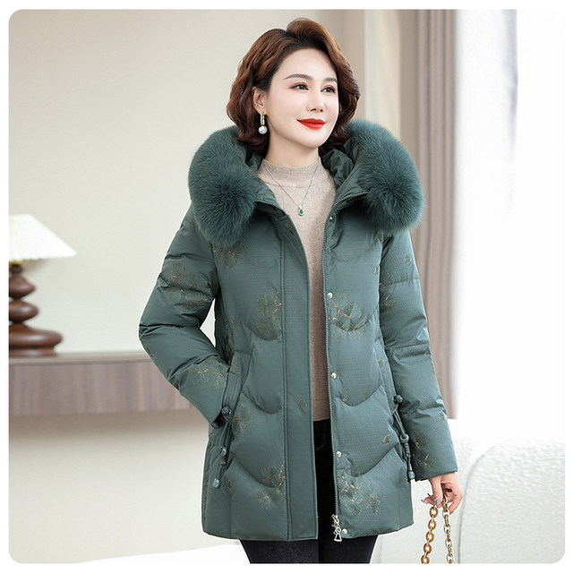 Yalu large fur collar mid-length down jacket for middle-aged women 2025 winter new mother style warm jacket