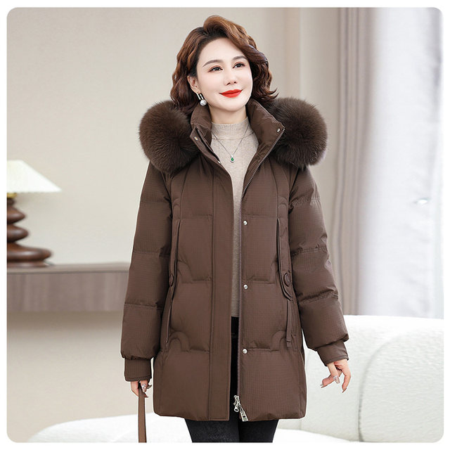Yalu Mama Down Jacket Women's 2025 Winter New Mid-Length Style Fur Collar Thickened Jacket for Middle-aged and Elderly People