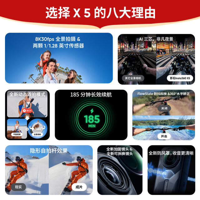 
Shadow Insta360 X5 panoramic sports camera Anti-shake motorcycle riding outdoor live broadcast