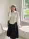 Women's green stripes single-breasted temperament waist-hugging solid color white long-sleeved lapel cardigan