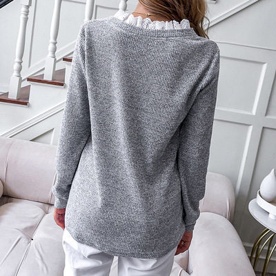 
Cross-border Amazon 2021 autumn European and American new white lace v-neck light gray long-sleeved T-shirt loose top for women