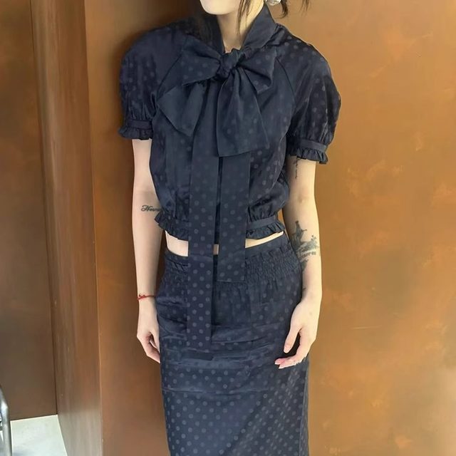 TE shushu French bow sweet polka dot satin shirt versatile slim temperament puff sleeve top for women