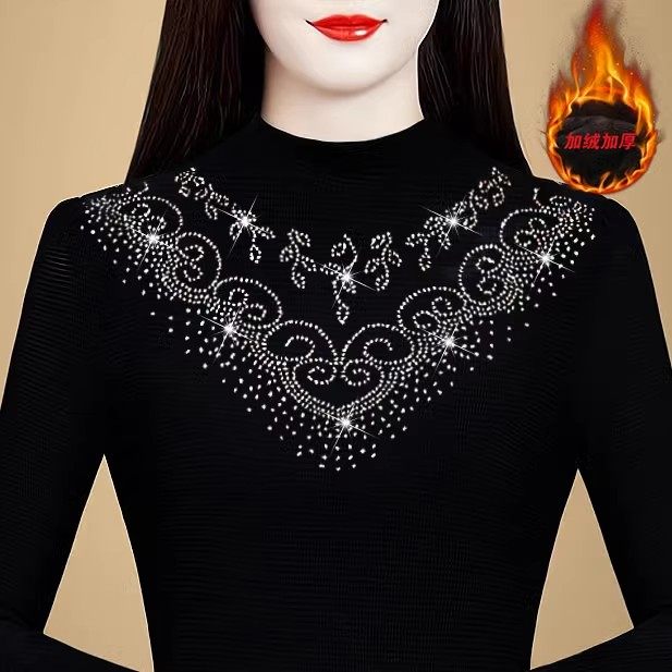 Thickened velvet bottoming shirt for women, autumn and winter style hot diamond top, mom style, belly-covering, long-sleeved, half-high collar