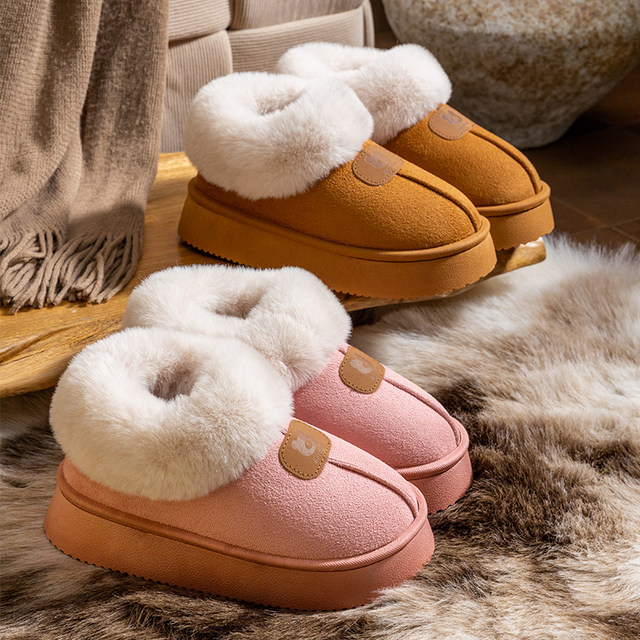 
Heeled cotton slippers for women in winter 2025 new indoor home plus velvet warm thick-soled non-slip cotton shoes for men wearing outside
