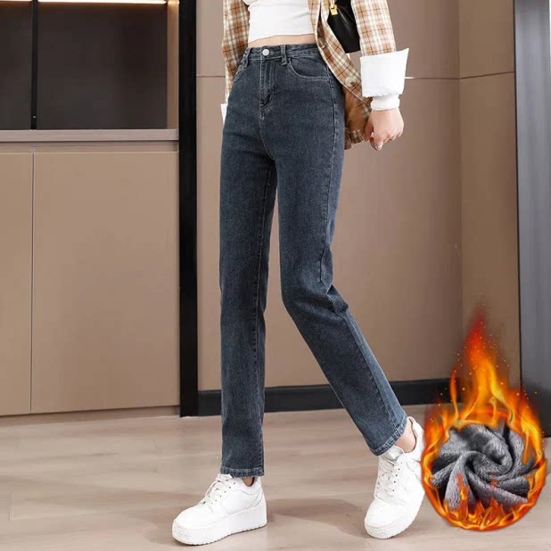 Velvet thickened cigarette pants straight-leg jeans for women autumn and winter nine-point high-waist stretch pants versatile slimming middle-aged and elderly women