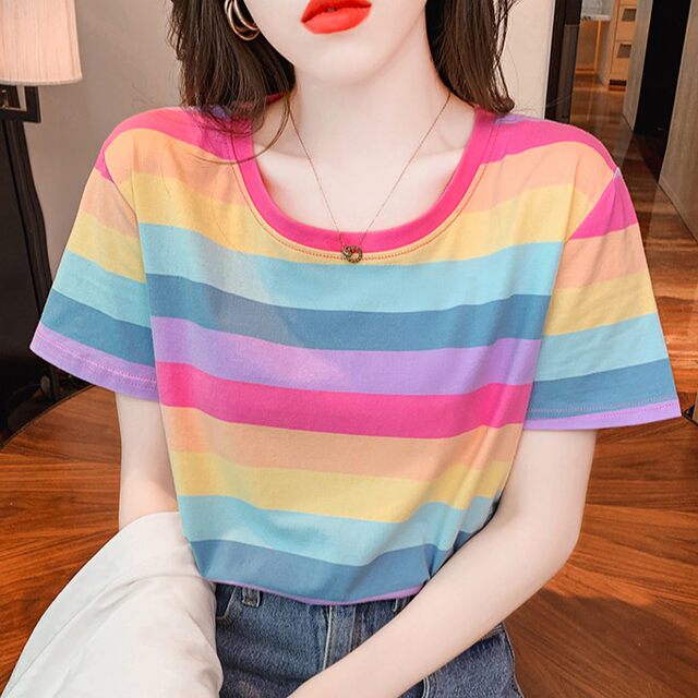 2024 summer new ins loose pure cotton rainbow striped short-sleeved T-shirt for women half-sleeved tops to make them look slim T-shirt trendy