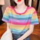 2024 summer new ins loose pure cotton rainbow striped short-sleeved T-shirt for women half-sleeved tops to make them look slim T-shirt trendy