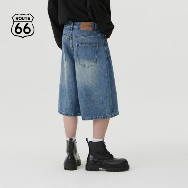 
Route66/66 Summer Crack Denim Shorts Men's American Retro Cropped Pants Summer Wide Legs