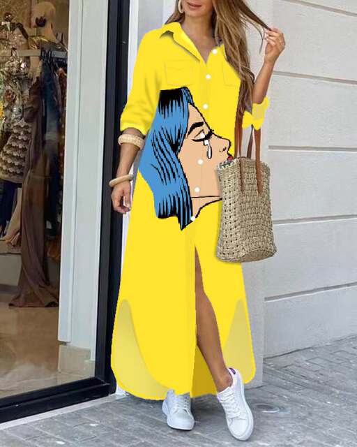 Autumn new POLO neck stylish single-breasted loose cartoon chain printed long sleeve dress long skirt DRESS
