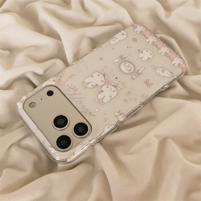 Single shell Japanese and Korean graffiti white tableware rabbit with plush lanyard suitable for Apple 17promax mobile phone case cute iPhone16 new 15 anti-fall 14pro women's 13 mobile phone case hard case