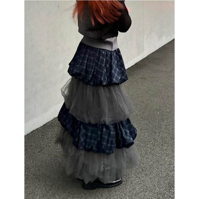 American retro plaid stitching mesh skirt female 2024 autumn niche design feel cake multi -layer Y2K long skirt