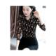 Autumn floral top female long -sleeved new large -size large -size lapel mesh bottoming shirt waist slim T -shirt small shirt minimalist
