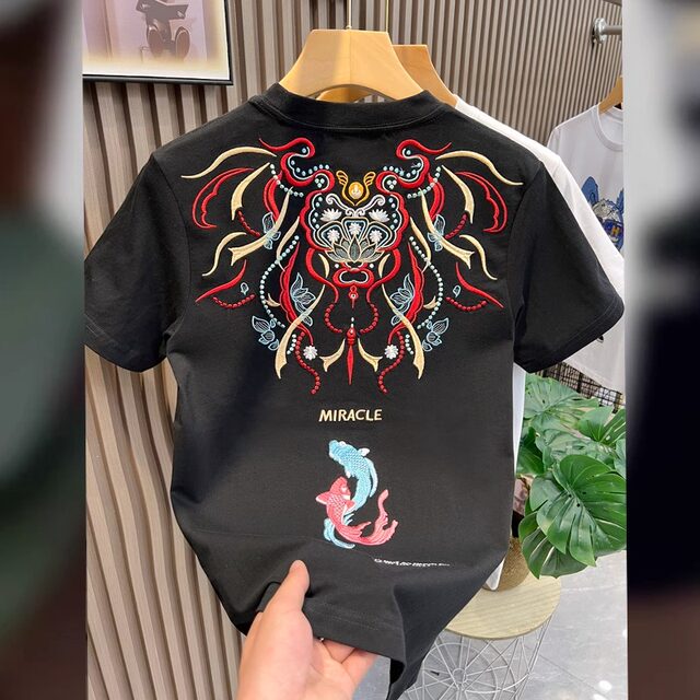 Extra large size 300 Jin [Jin equals 0.5 kg] Summer national trend national style embroidered short-sleeved T-shirt men and women's round neck top T-shirt base shirt