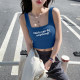 Letter Print Black Sports Vest Women's Summer Slim Jazz Dance Sexy I-Class Square Collar Wide Shoulder Strap Strap