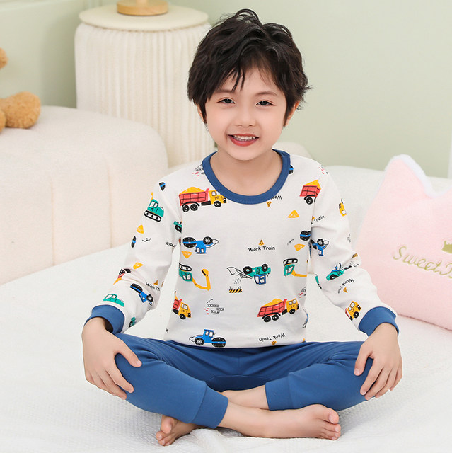Boys' autumn clothes and long trousers set, pure cotton, children's pure cotton baby bottoming thermal underwear, boys' linen clothes, type A pajamas