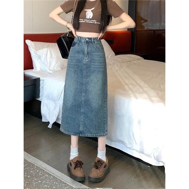2025 rear slit high waist denim skirt for women in spring and autumn new style old hip-packing and slimming half-body mid-length skirt