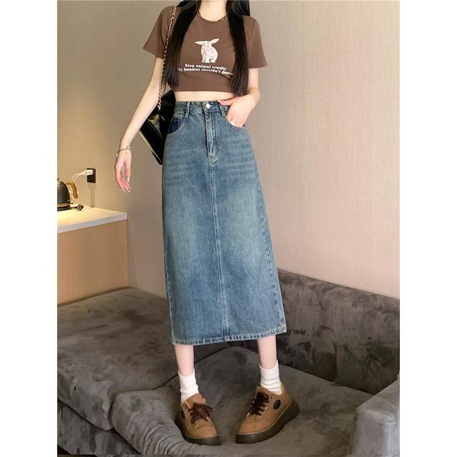 2025 rear slit high waist denim skirt for women in spring and autumn new style old hip-packing and slimming half-body mid-length skirt