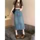 2025 rear slit high waist denim skirt for women in spring and autumn new style old hip-packing and slimming half-body mid-length skirt