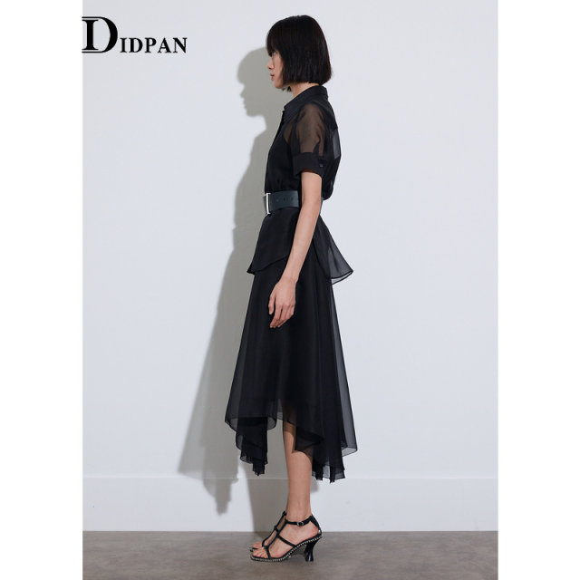 IDPAN women's summer new commuting irregular geometric skirt anti-exposure medium length A-line black skirt for women