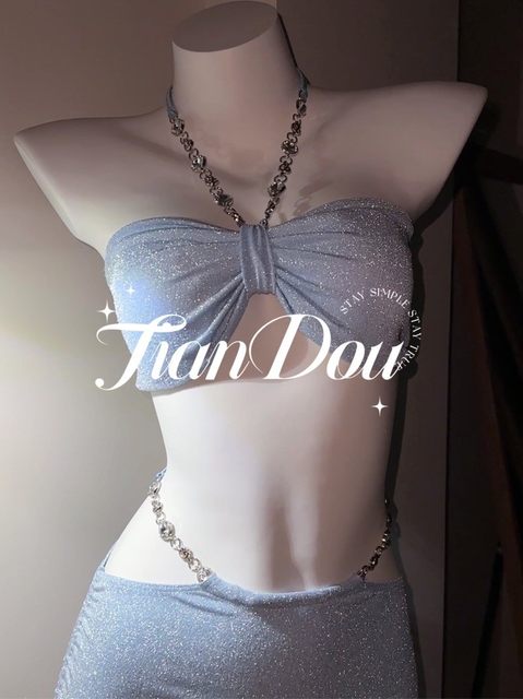 Advanced texture diamond chain split three -piece swimming dress skirt Bikini chain gathers swimwear
