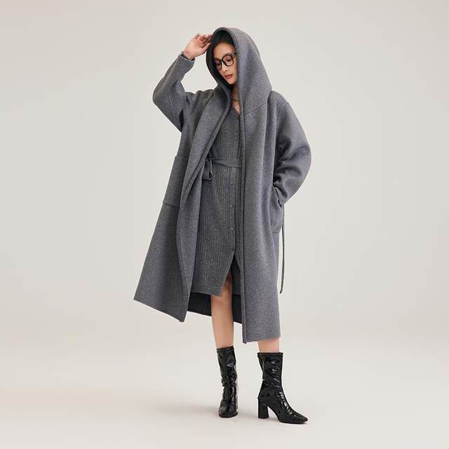 DEMMOV lemon grey long hooded double-sided cashmere coat for women in winter new loose silhouette