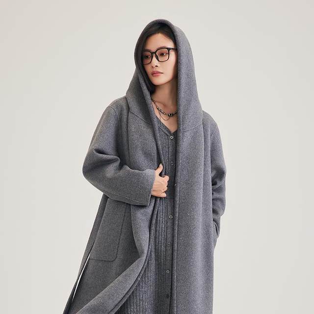 DEMMOV lemon grey long hooded double-sided cashmere coat for women in winter new loose silhouette