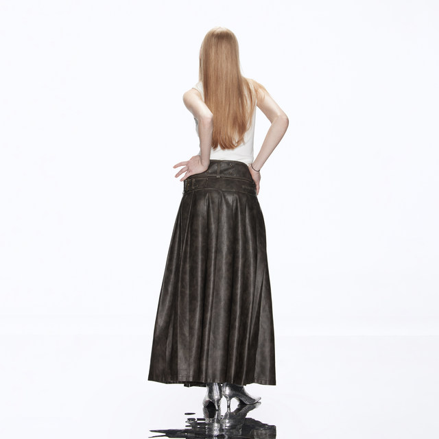 Escape Chigang West original retro temperament washing, old medium and long low waist, thin, thin A -line pleated skirt
